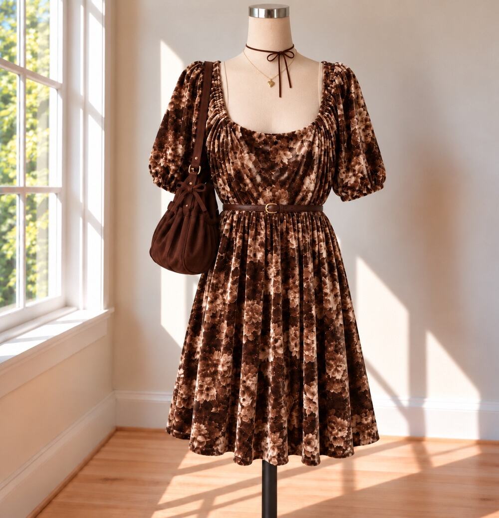 Crushed Velvet Coquette Mini Dress Brown Floral Boho Romantic Sz. M Blu Pepper